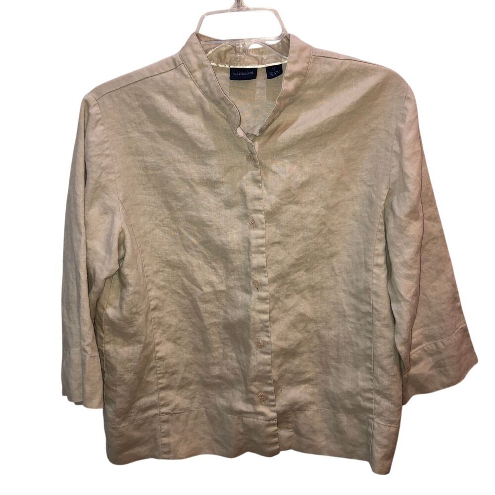 Westbound Size 12 Beige 100% Linen 3/4 Sleeve Button Up Collarless Shirt Top
